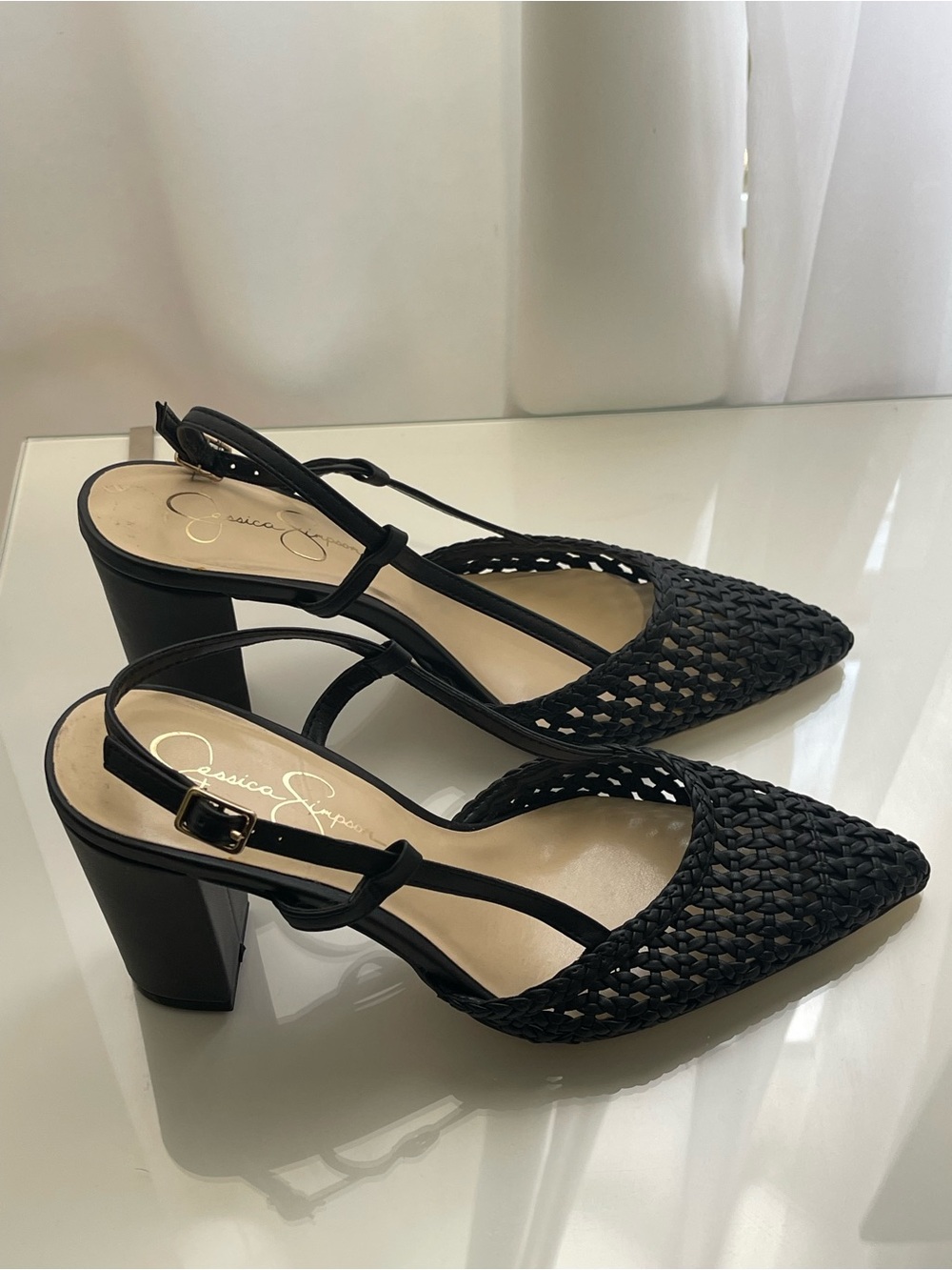 Jessica Simpson Black Woven Slingback Block Heel Pumps